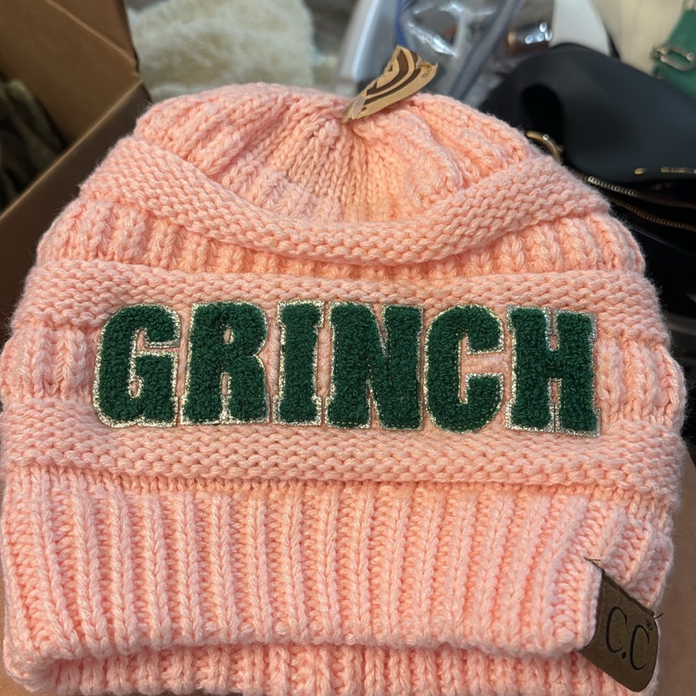 CC Pink Knit Beanie with Green Grinch Embroidery